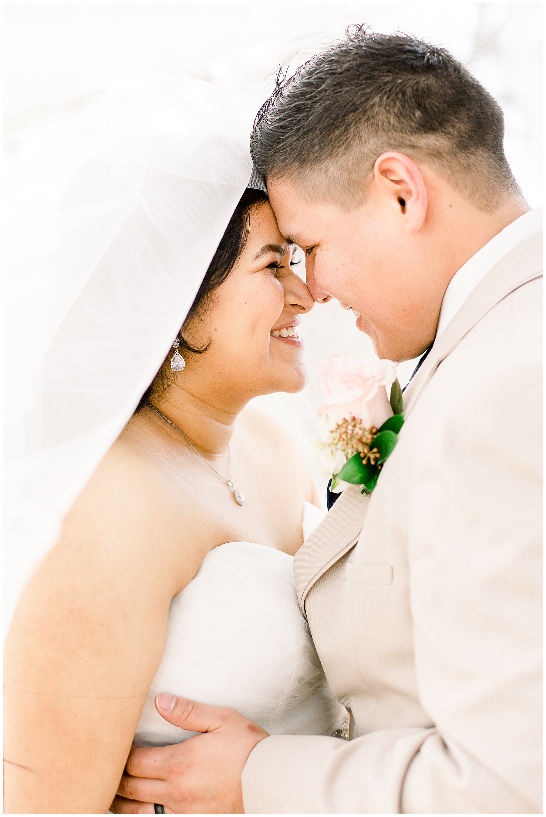 forehead to forehead bride and groom portrait