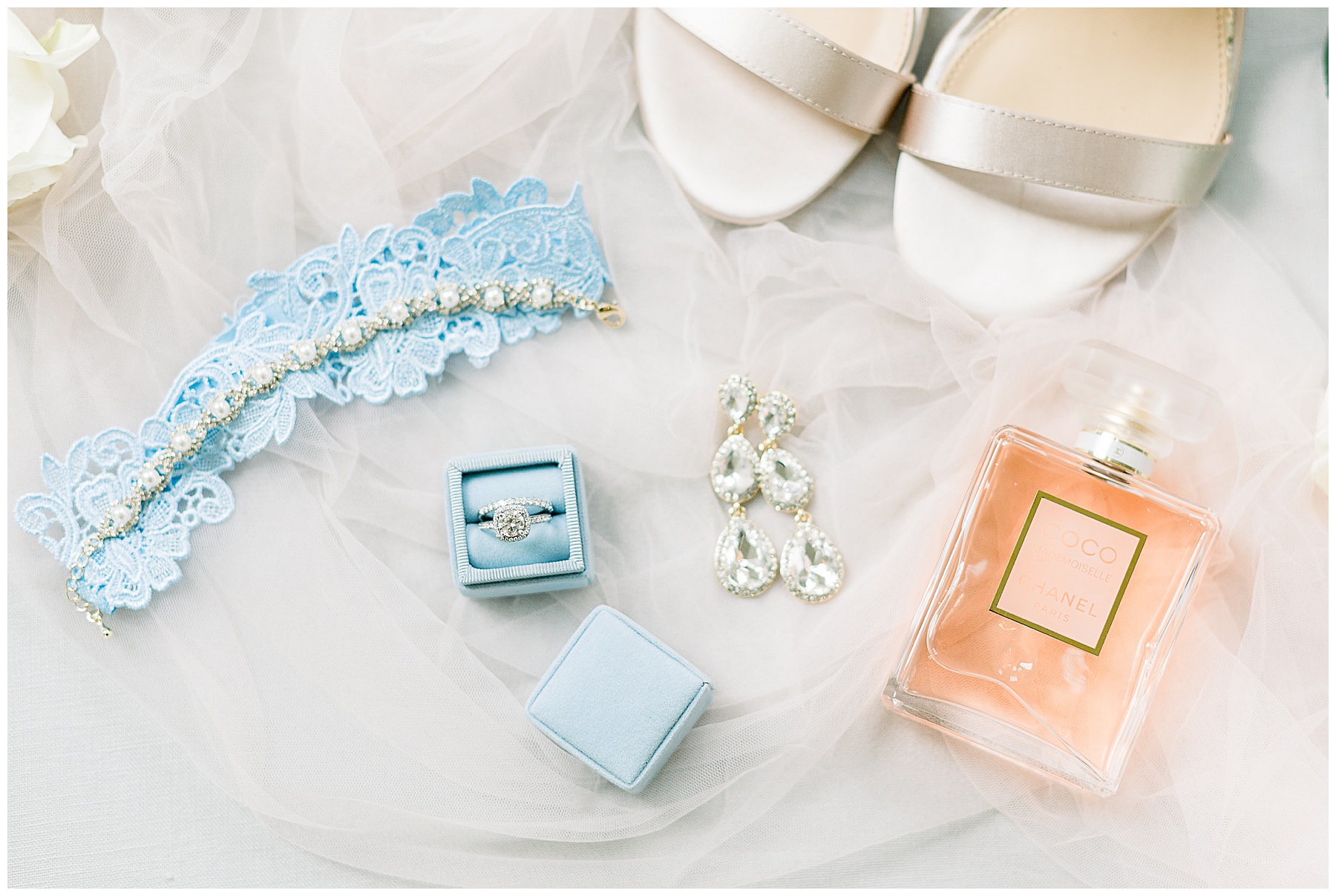 brides wedding shoes, ring, earring, and coco chanel perfume