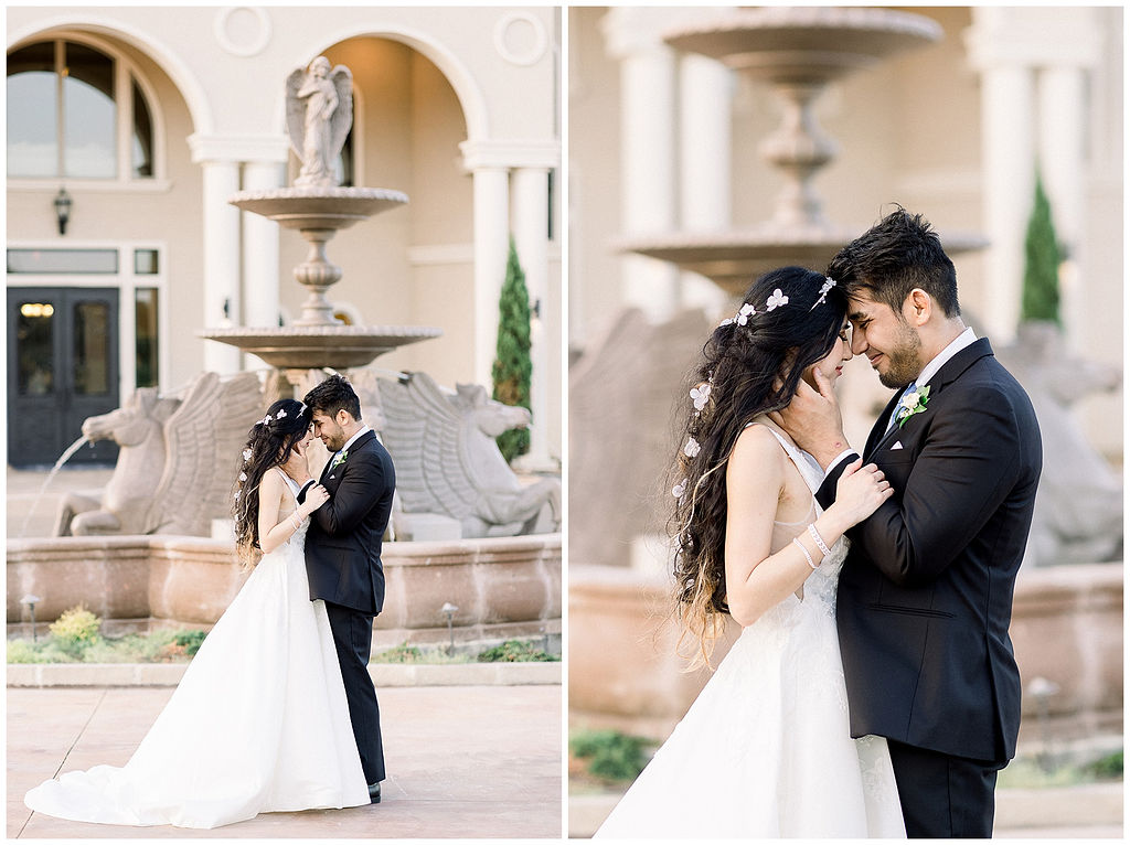 bride and groom pose in front of fountain