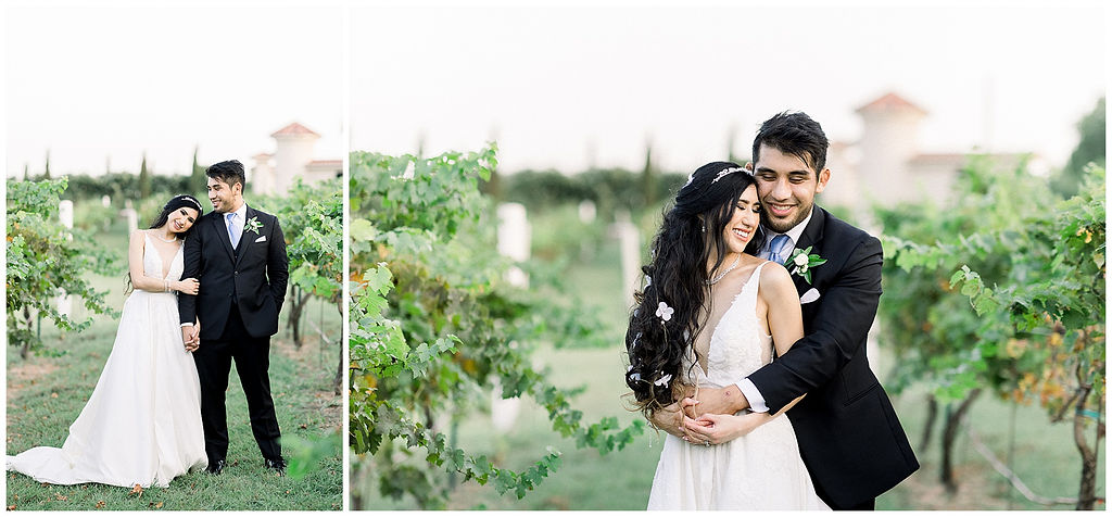 bride and groom embrace in vineyard